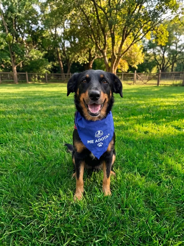 Léo, cão preto e caramelo com bandana Me adota?