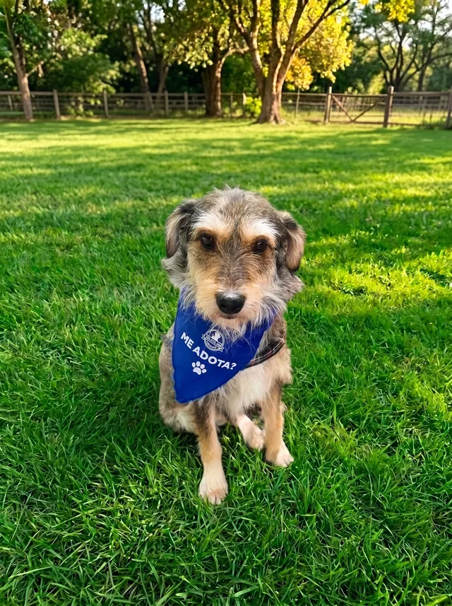 Toby, cão de pelo arrepiado com bandana azul